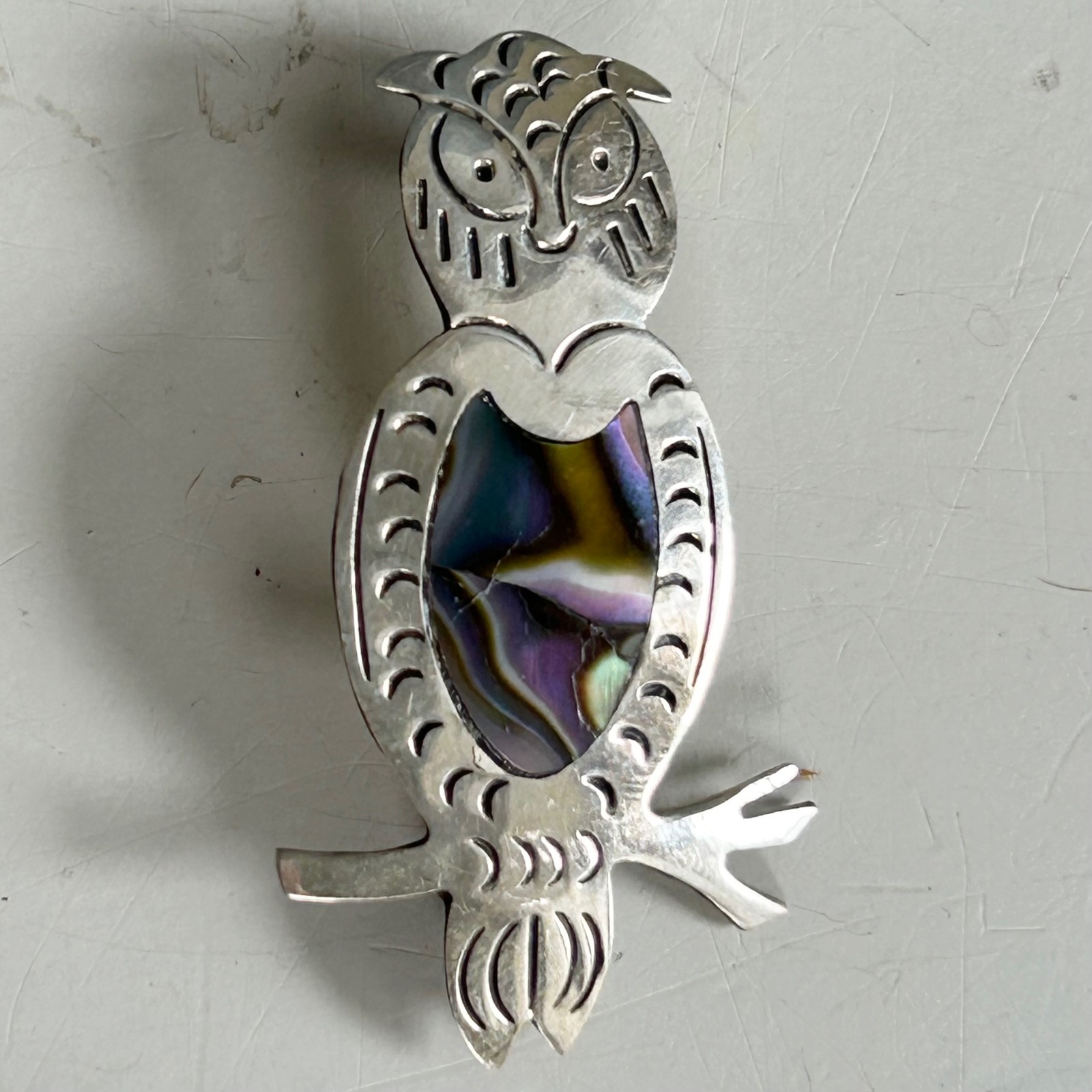 Vintage Alpaca Mexico Owl Brooch Sterling Silver Abalone Pin Taxco Style Wisdom